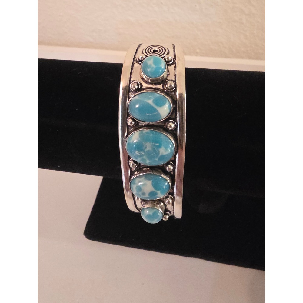 Larimar Sterling Silver Cuff Bracelet Boho Spiral Artisan Blue Stone Statement